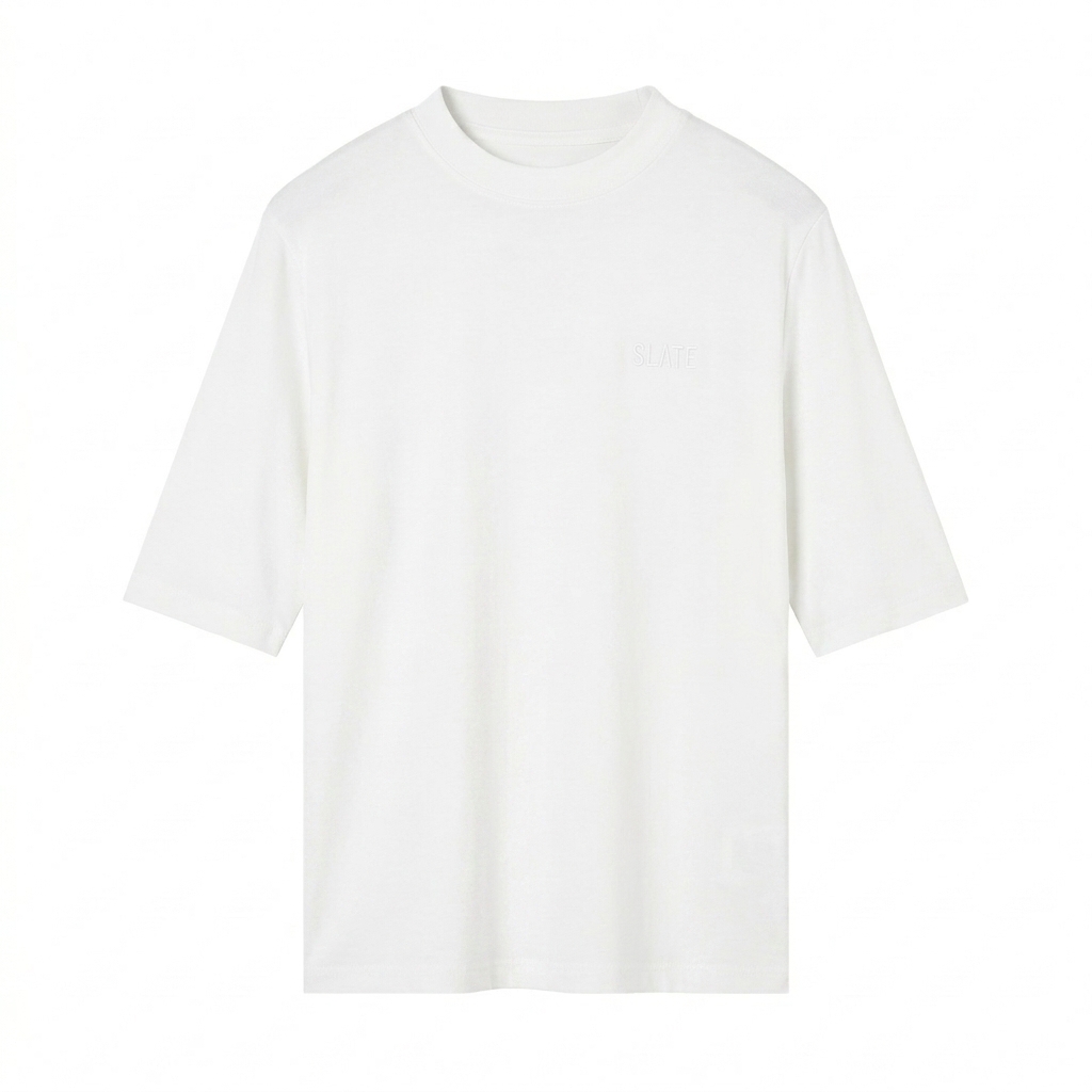 Custom Custom Mock Neck Short Sleeve T-Shirt design direction 1: Tonal Minimalist Wordmark featuring the SLATE wordmark