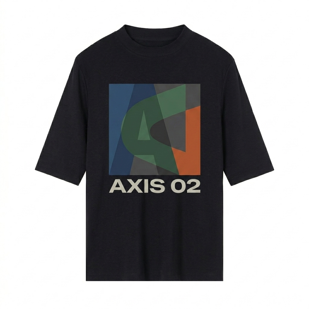 Custom Custom Mock Neck Short Sleeve T-Shirt design direction 2: Bold Abstract Graphic featuring the AXIS 02 wordmark