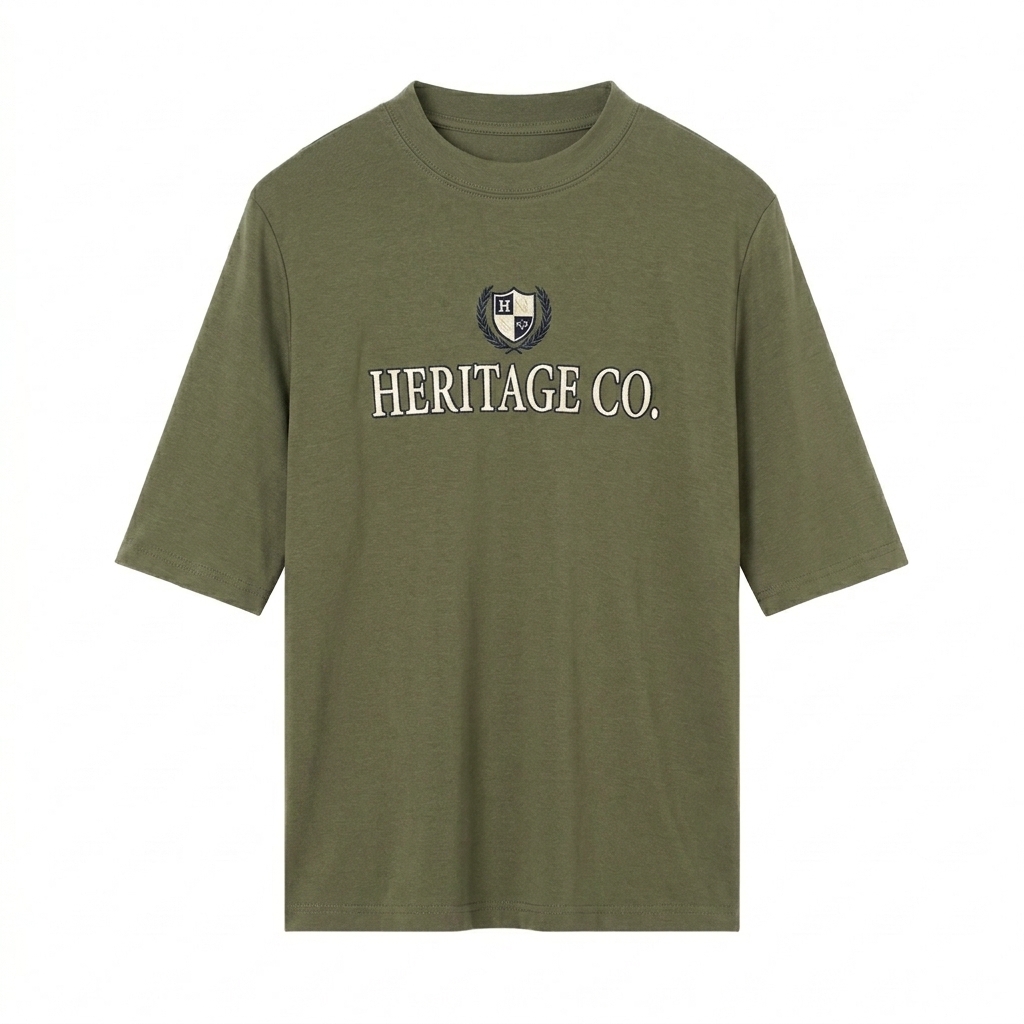 Custom Custom Mock Neck Short Sleeve T-Shirt design direction 3: Retro Collegiate Emblem featuring the HERITAGE CO. wordmark