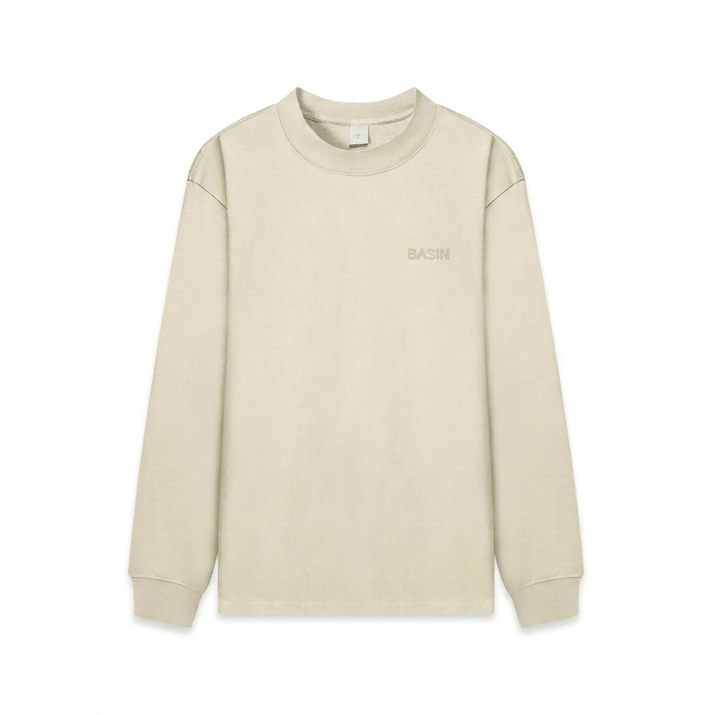 Custom Mock Neck Sweatshirt design direction 1: Subtle Tonal Embroidery featuring the BASIN wordmark