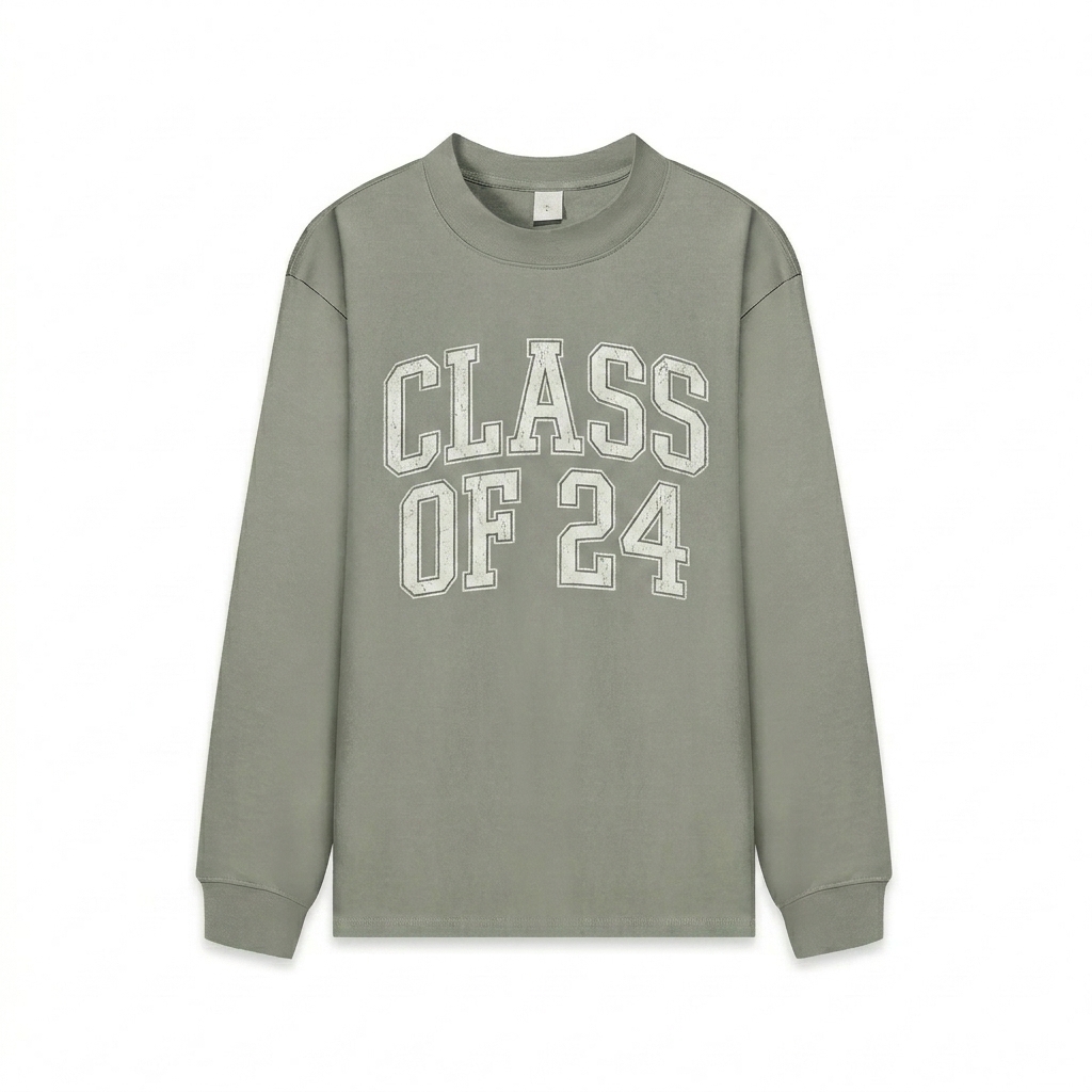 Custom Mock Neck Sweatshirt design direction 3: Collegiate-Inspired Wordmark featuring the CLASS OF 24 wordmark
