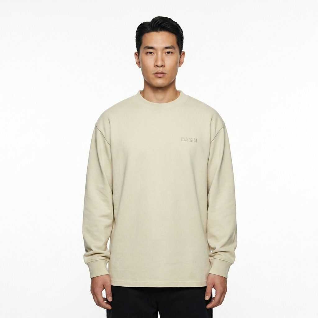Mock Neck Sweatshirt worn by a mid-size East Asian male fashion influencer, preppy ivy styling, studio lookbook — custom mock neck sweatshirt