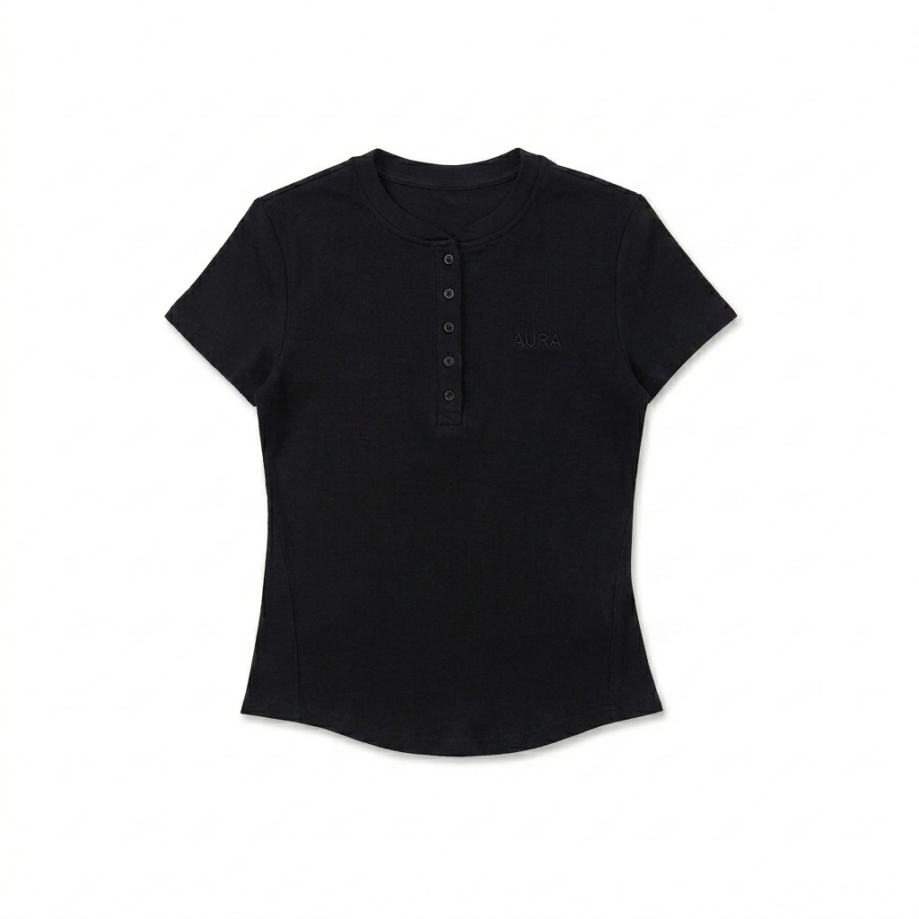 Custom Modal Bodycon Henley Shirt design direction 1: Tonal Minimalist Wordmark featuring the AURA wordmark