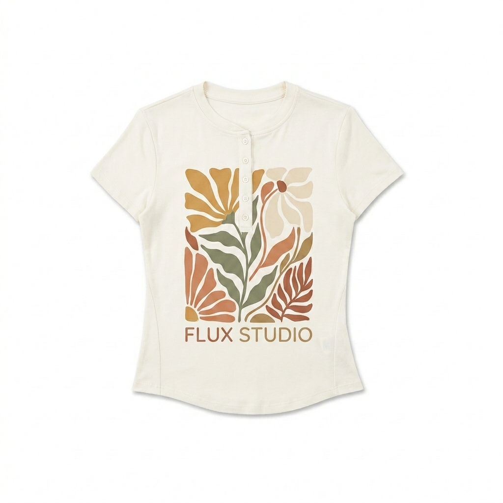 Custom Modal Bodycon Henley Shirt design direction 2: Abstract Botanical Graphic featuring the FLUX STUDIO wordmark