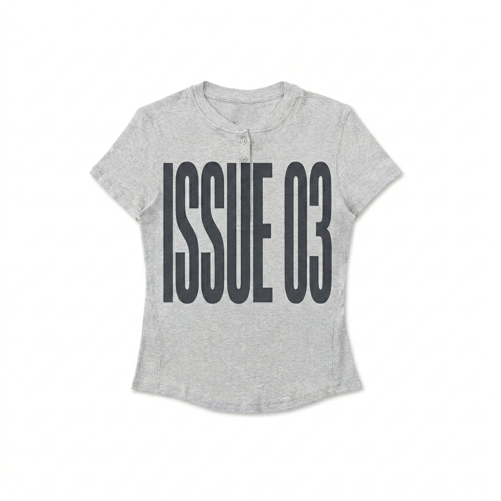 Custom Modal Bodycon Henley Shirt design direction 3: Deconstructed Typography featuring the ISSUE 03 wordmark