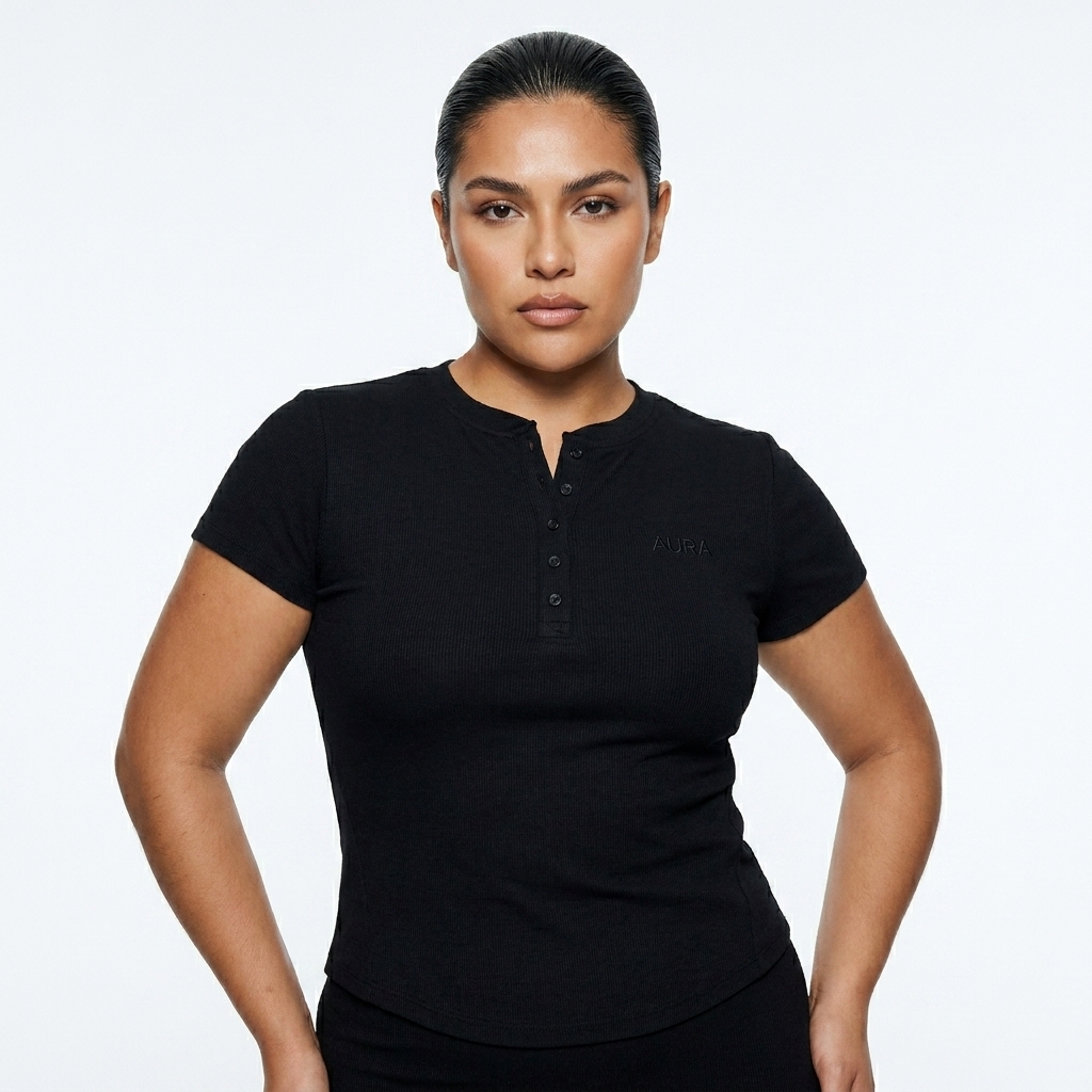 Modal Bodycon Henley Shirt worn by a broad-shouldered Mexican female fashion influencer, clean-girl minimal styling, studio lookbook — custom modal bodycon henley shirt
