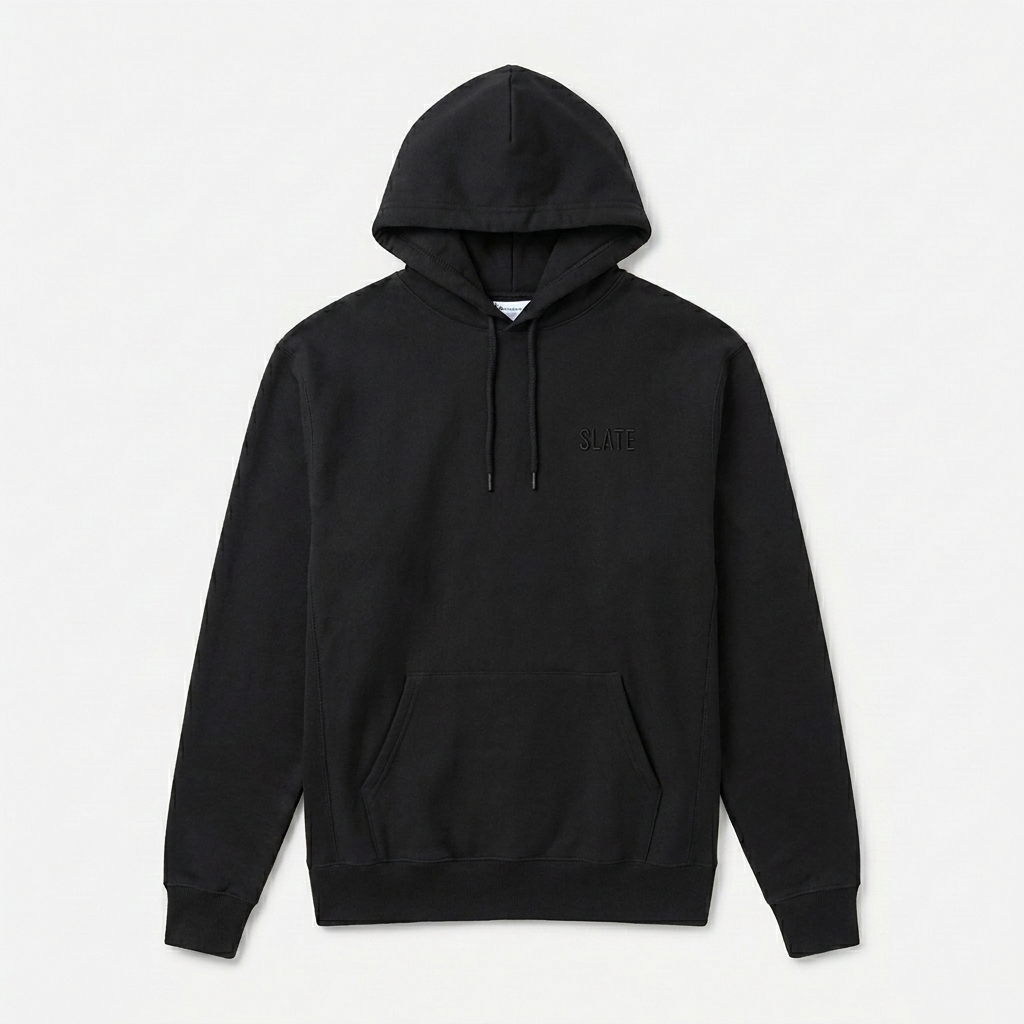 Custom Moisture-Wicking Pullover Hoodie design direction 1: Tonal Minimalist Wordmark featuring the SLATE wordmark