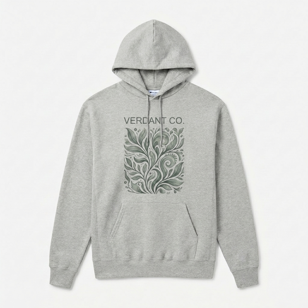 Custom Moisture-Wicking Pullover Hoodie design direction 2: Abstract Botanical Graphic featuring the VERDANT CO. wordmark
