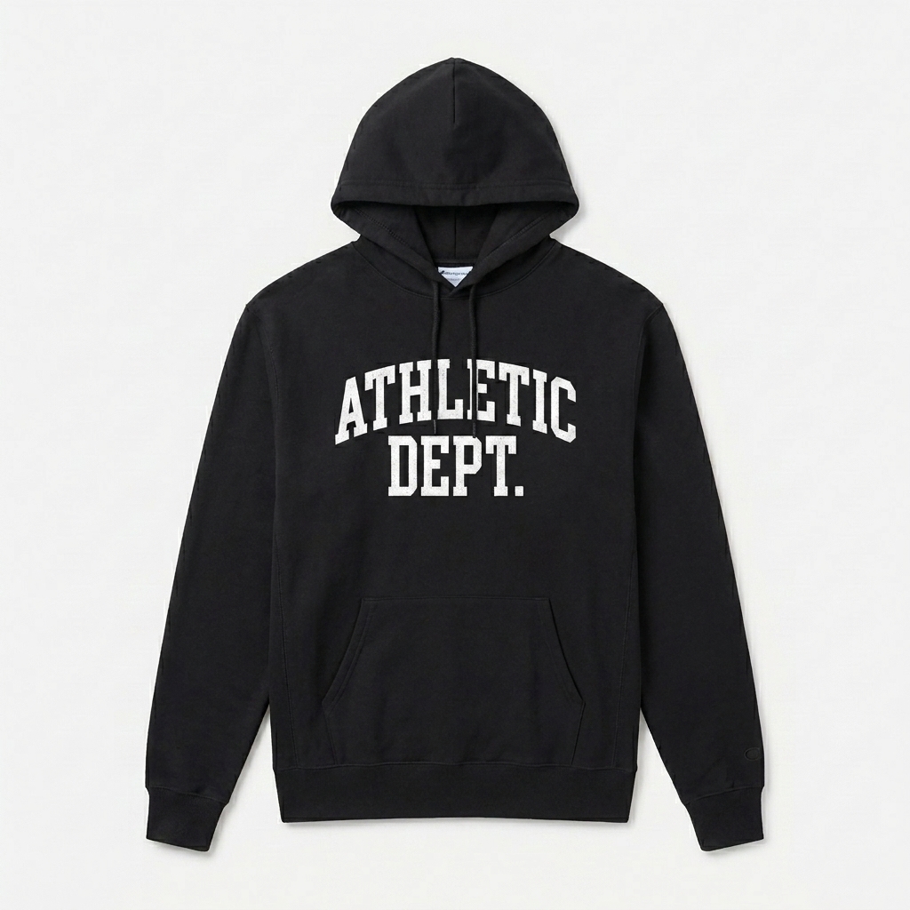 Custom Moisture-Wicking Pullover Hoodie design direction 3: Retro Collegiate Emblem featuring the ATHLETIC DEPT. wordmark