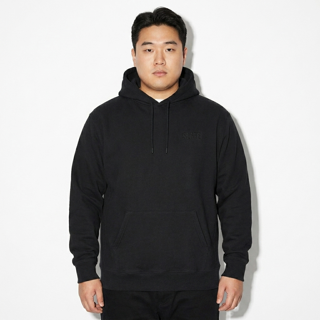 Moisture-Wicking Pullover Hoodie worn by a curvy East Asian male fashion influencer, techwear modern styling, studio lookbook — custom moisture-wicking pullover hoodie