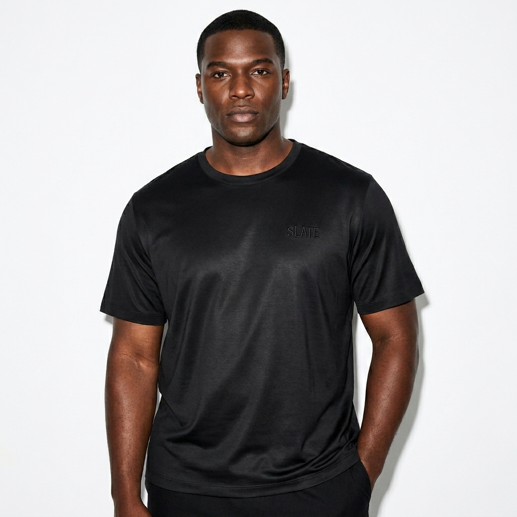 Mulberry Silk Blend T-Shirt worn by a mid-size Black male fashion influencer, clean-girl minimal styling, studio lookbook — custom mulberry silk blend t-shirt