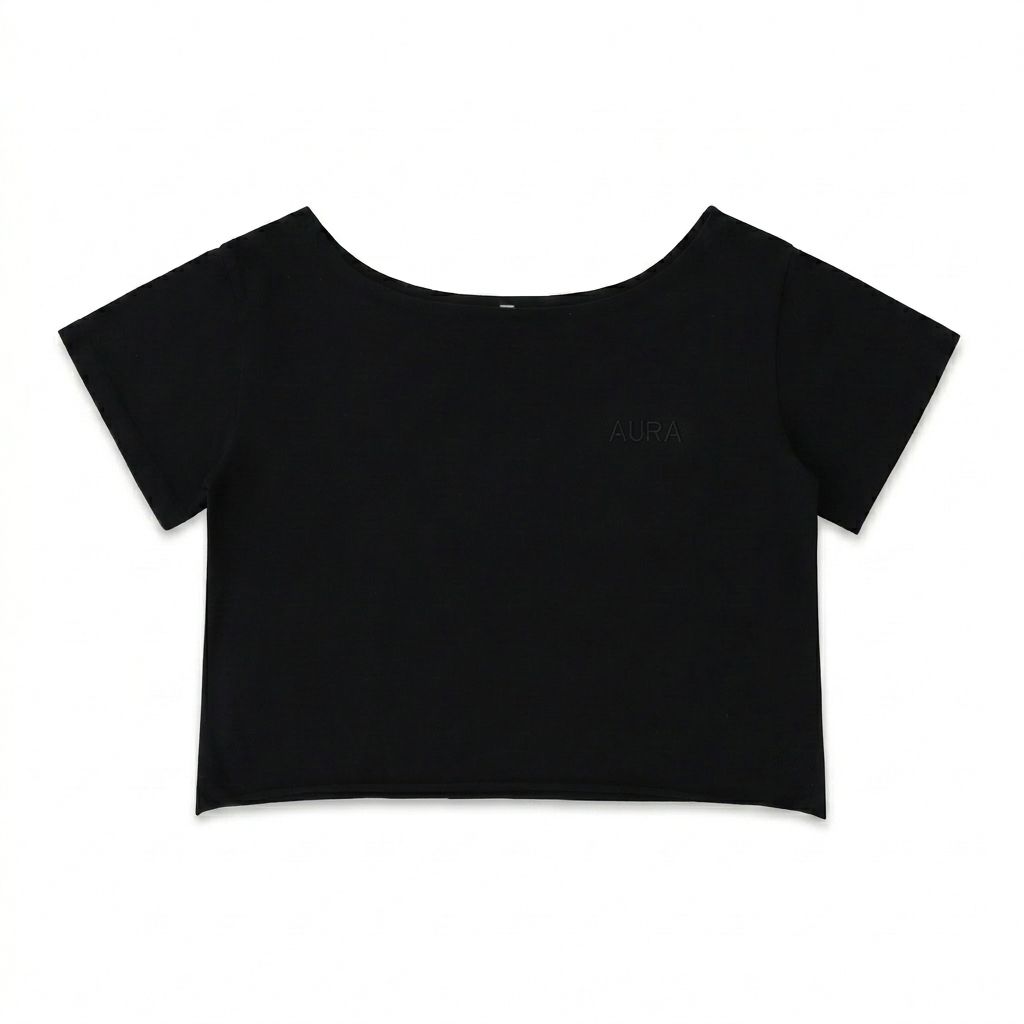 Custom Off-Shoulder Rolled Hem T-Shirt design direction 1: Tonal Minimalist Wordmark featuring the AURA wordmark