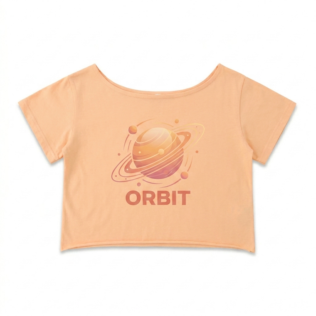 Custom Off-Shoulder Rolled Hem T-Shirt design direction 2: Bold Abstract Graphic featuring the ORBIT wordmark