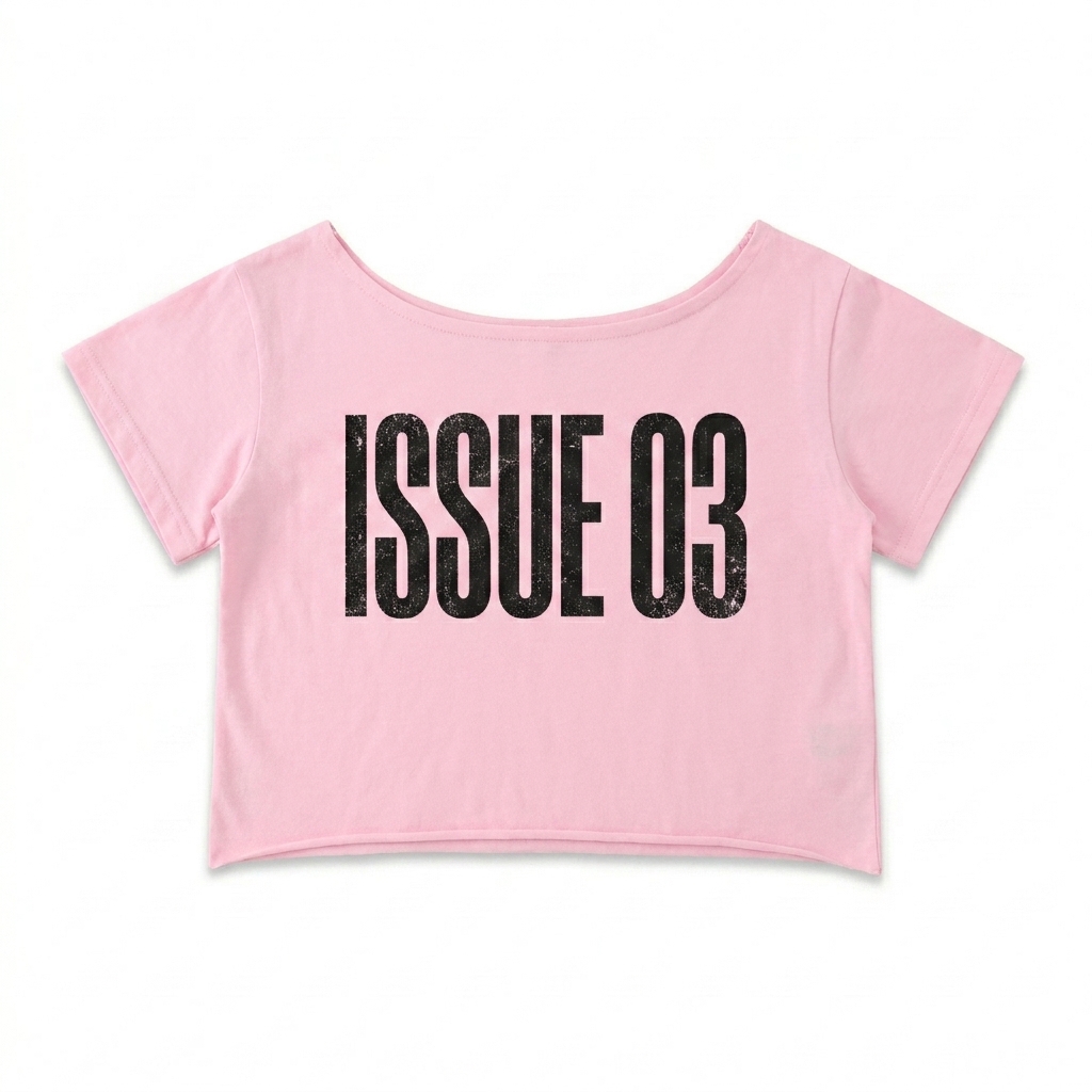 Custom Off-Shoulder Rolled Hem T-Shirt design direction 3: Typography Experiment featuring the ISSUE 03 wordmark