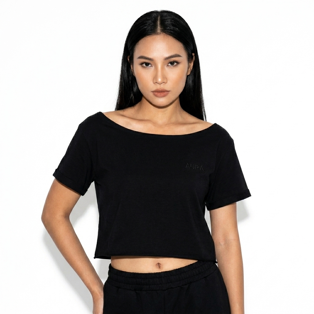 Off-Shoulder Rolled Hem T-Shirt worn by a broad-shouldered Vietnamese female fashion influencer, preppy ivy styling, studio lookbook — custom off-shoulder rolled hem t-shirt