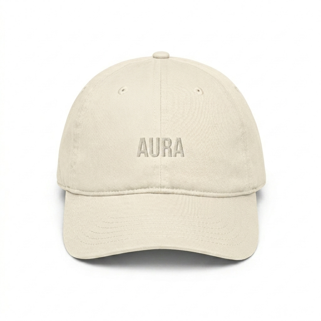 Custom Organic Baseball Cap design direction 1: Tonal Minimalist Wordmark featuring the AURA wordmark