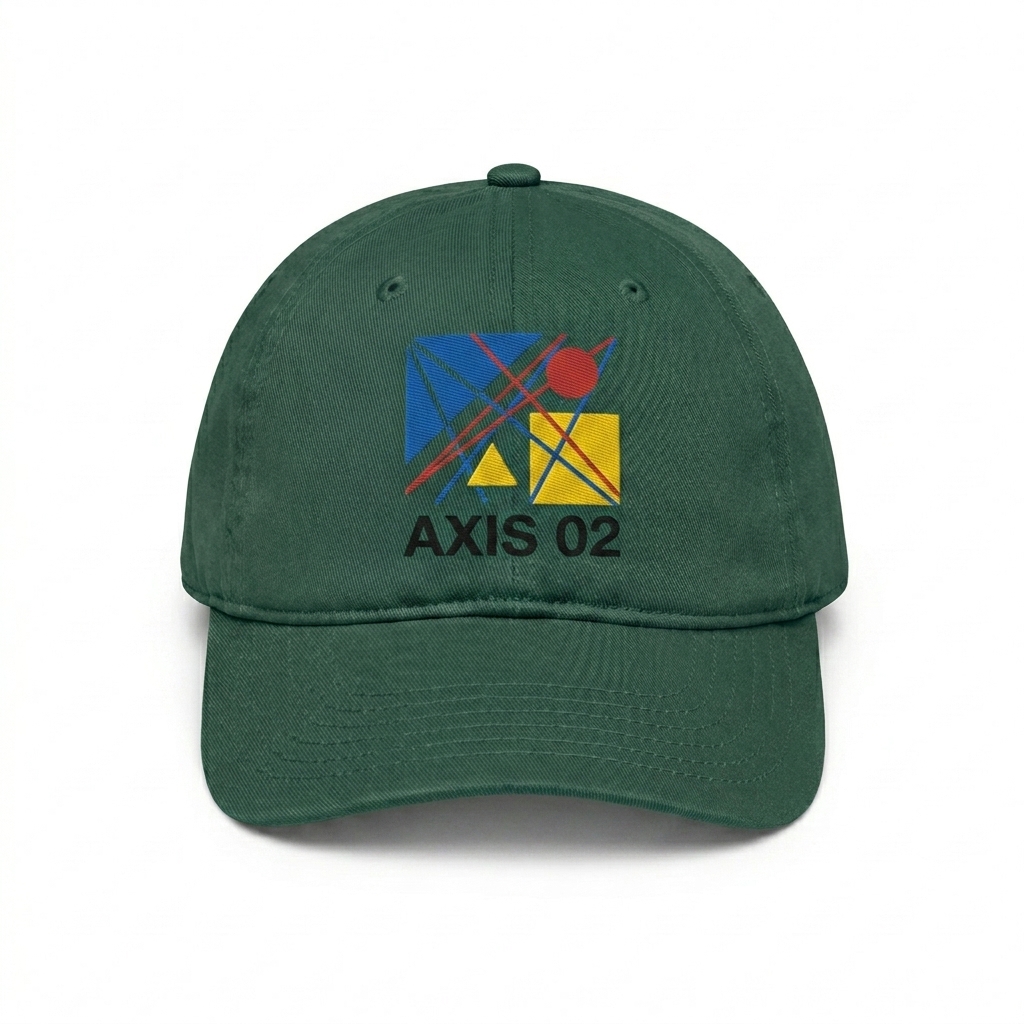 Custom Organic Baseball Cap design direction 2: Abstract Geometric Graphic featuring the AXIS 02 wordmark