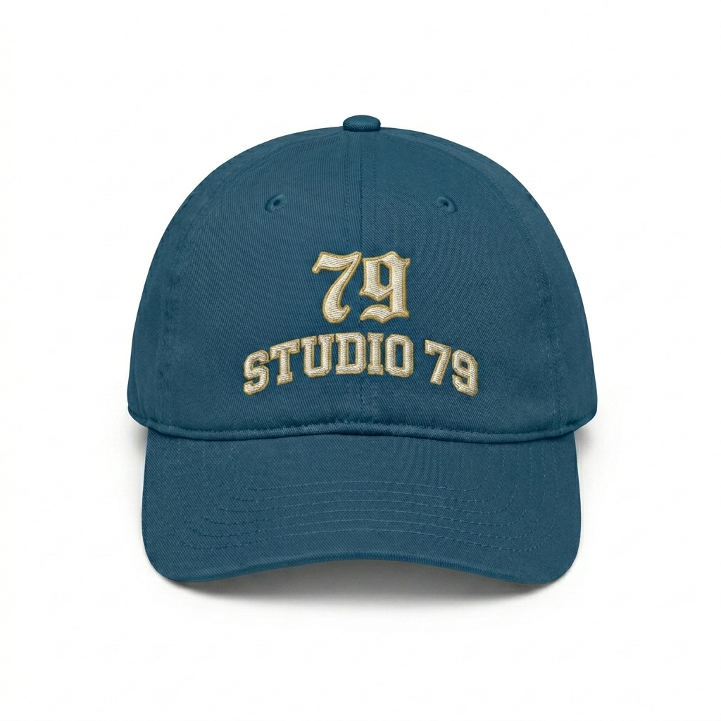 Custom Organic Baseball Cap design direction 3: Retro Collegiate Emblem featuring the STUDIO 79 wordmark