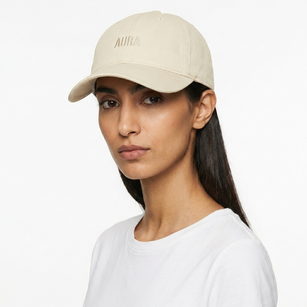 Organic Baseball Cap worn by a slim tall Middle Eastern female fashion influencer, preppy ivy styling, studio lookbook — custom organic baseball cap