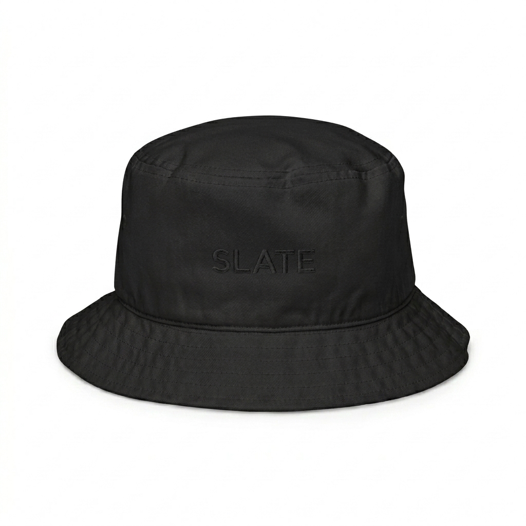 Custom Organic Cotton Bucket Hat design direction 1: Tonal Minimalist Wordmark featuring the SLATE wordmark