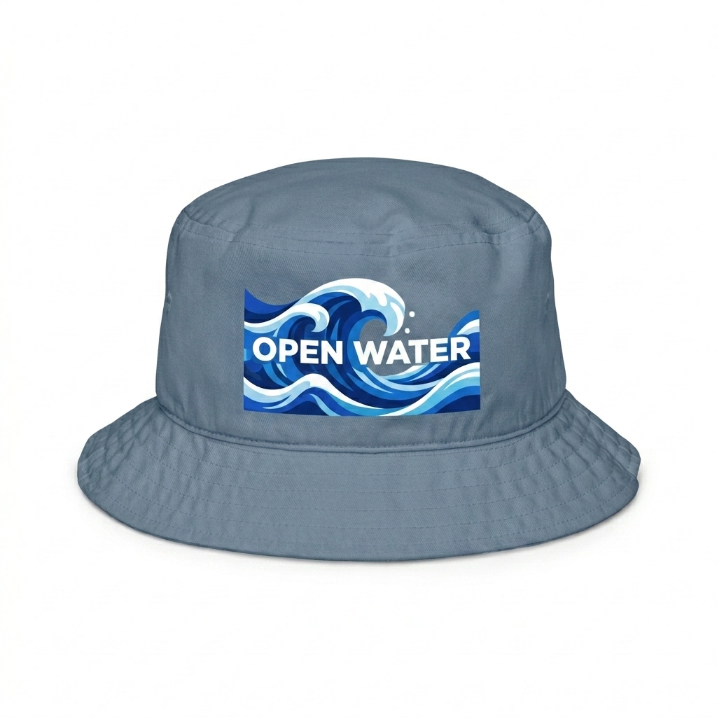 Custom Organic Cotton Bucket Hat design direction 2: Bold Graphic Illustration featuring the OPEN WATER wordmark