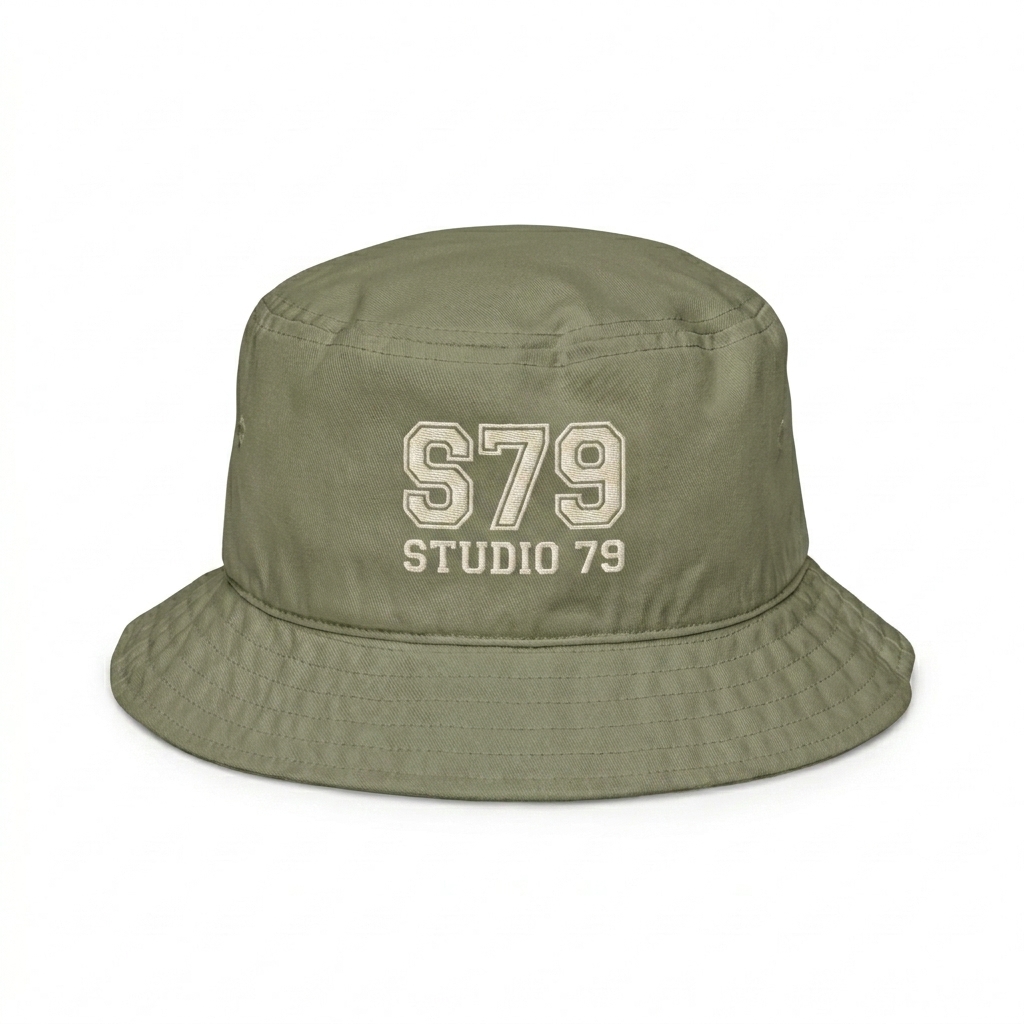 Custom Organic Cotton Bucket Hat design direction 3: Retro Collegiate Emblem featuring the STUDIO 79 wordmark