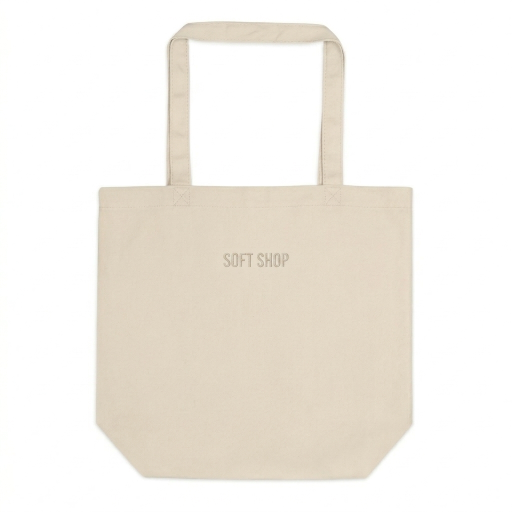 Custom Organic Cotton Tote Bag design direction 1: Tonal Minimalist Wordmark featuring the SOFT SHOP wordmark