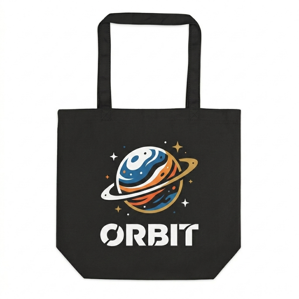 Custom Organic Cotton Tote Bag design direction 2: Bold Graphic Illustration featuring the ORBIT wordmark