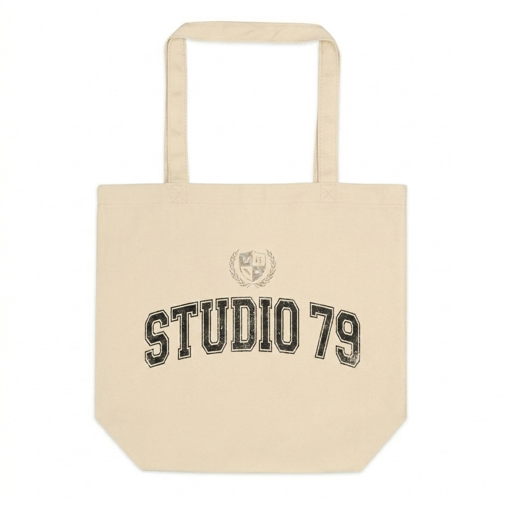 Custom Organic Cotton Tote Bag design direction 3: Retro Collegiate Emblem featuring the STUDIO 79 wordmark