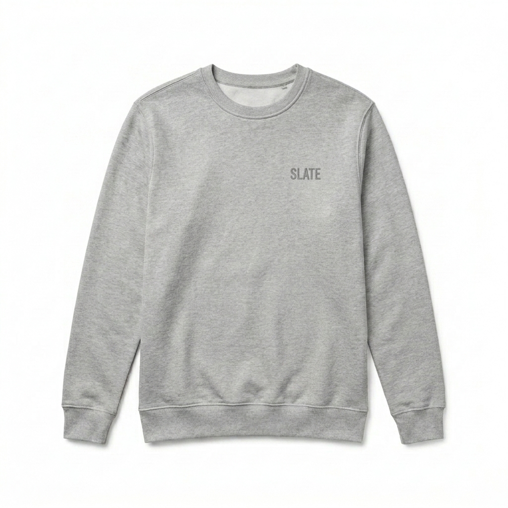 Custom Organic Crewneck Sweatshirt design direction 1: Tonal Minimalist Wordmark featuring the SLATE wordmark