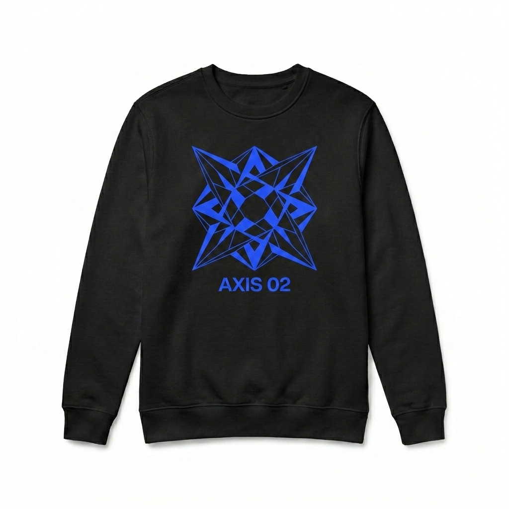 Custom Organic Crewneck Sweatshirt design direction 2: Bold Abstract Graphic featuring the AXIS 02 wordmark