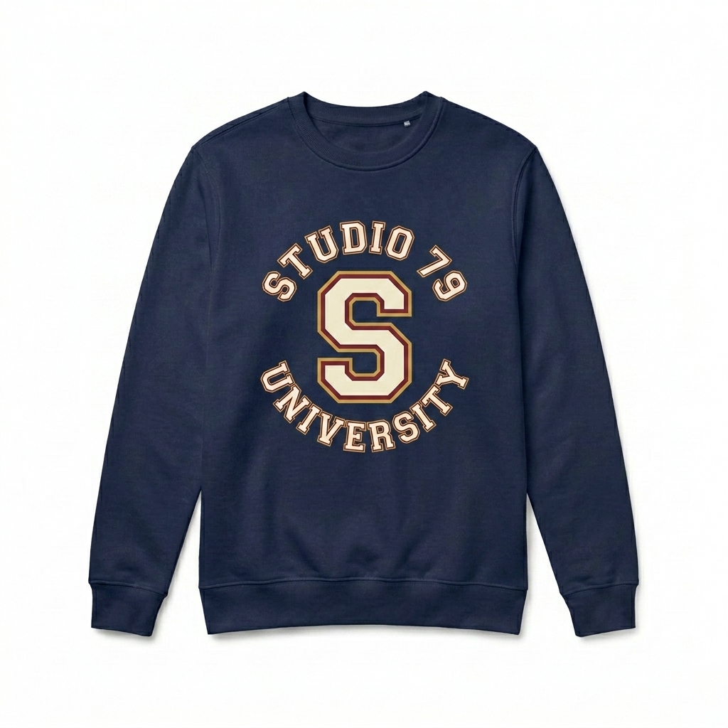 Custom Organic Crewneck Sweatshirt design direction 3: Retro Collegiate Emblem featuring the STUDIO 79 wordmark