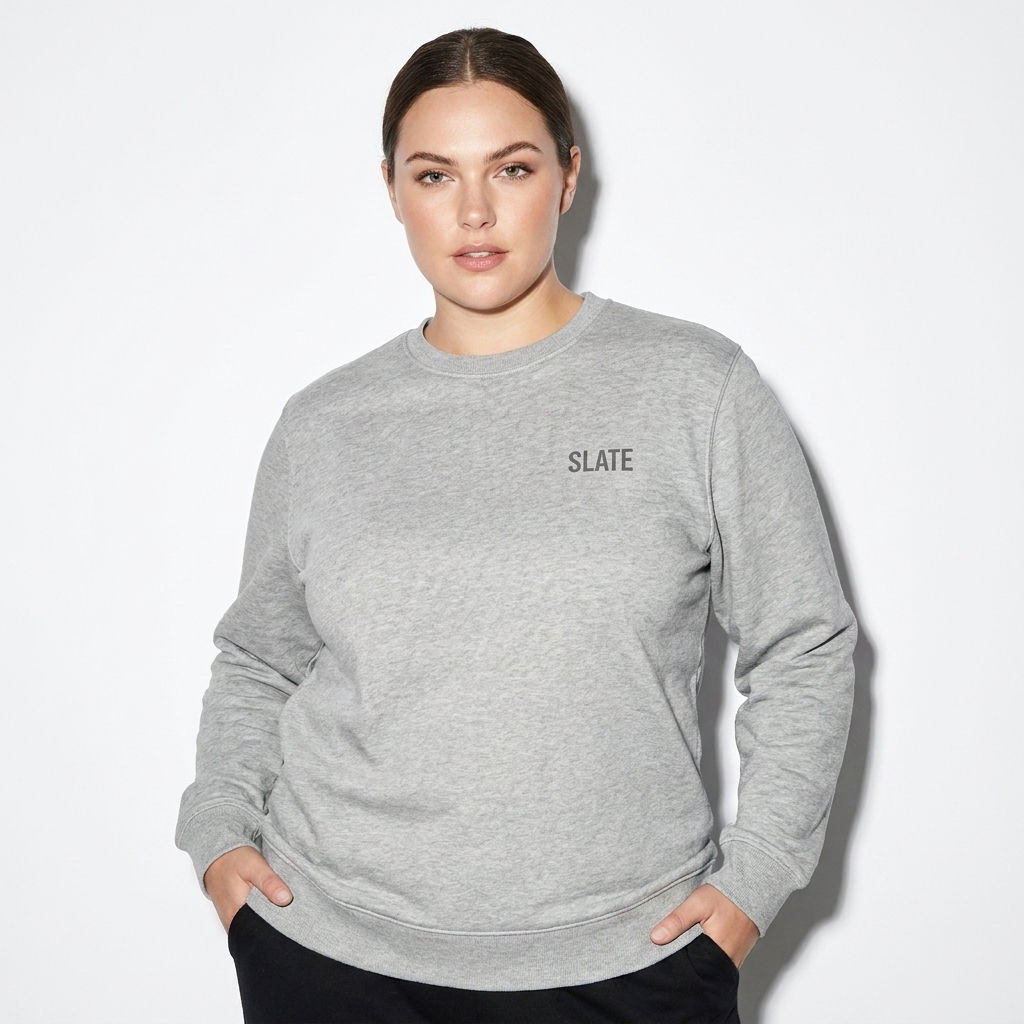 Organic Crewneck Sweatshirt worn by a curvy White American female fashion influencer, preppy ivy styling, studio lookbook — custom organic crewneck sweatshirt