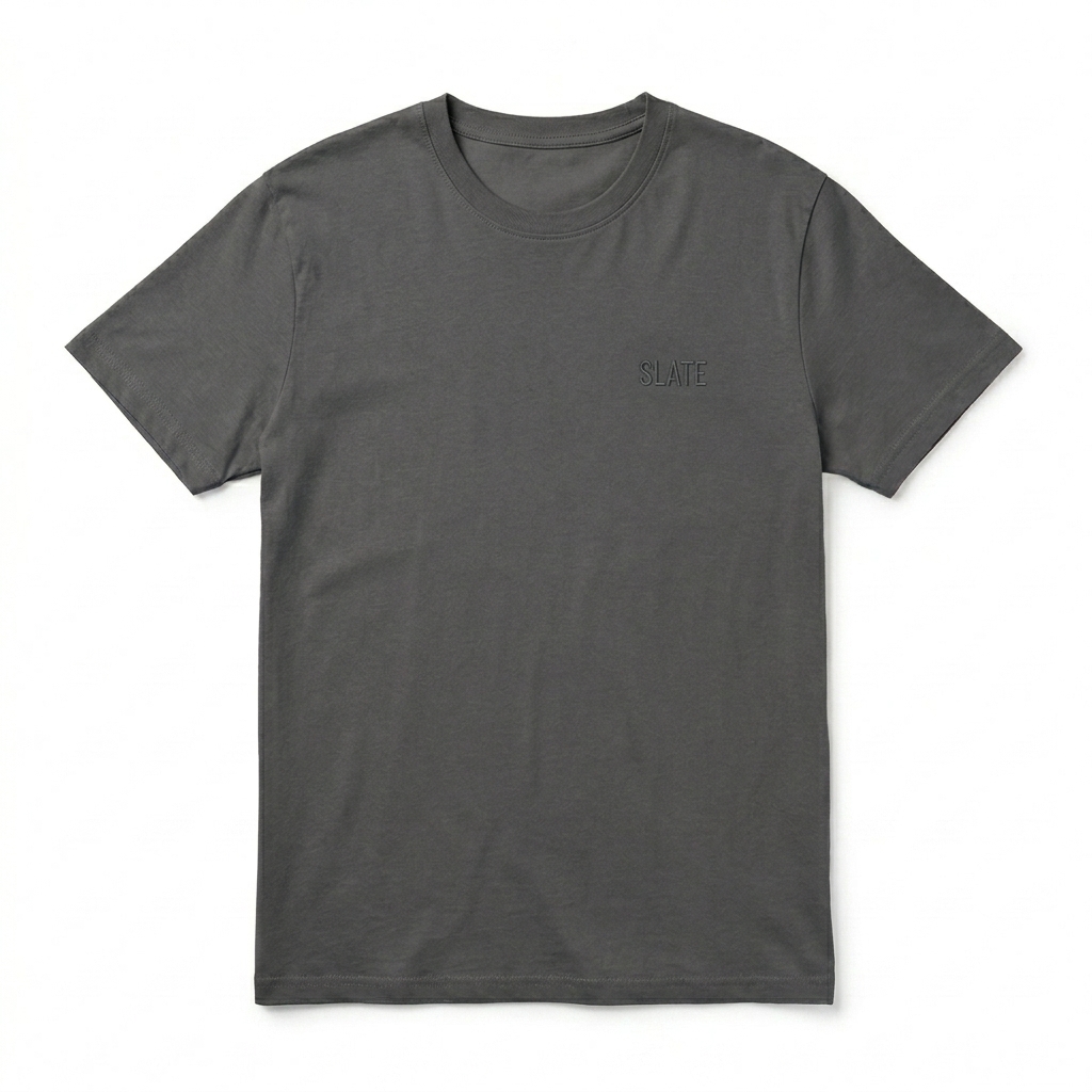 Custom Organic Mid-Lightweight T-Shirt design direction 1: Tonal Minimalist Wordmark featuring the SLATE wordmark