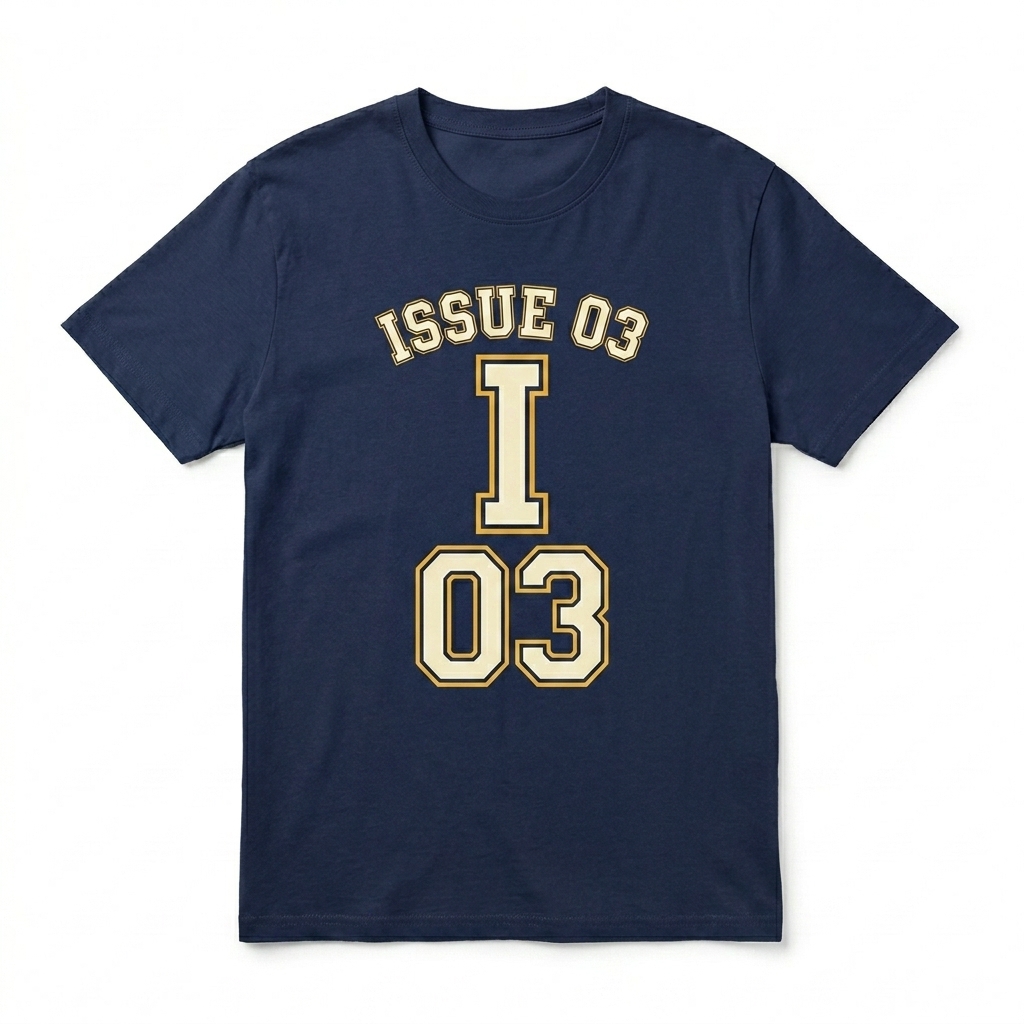 Custom Organic Mid-Lightweight T-Shirt design direction 3: Retro Collegiate Emblem featuring the ISSUE 03 wordmark