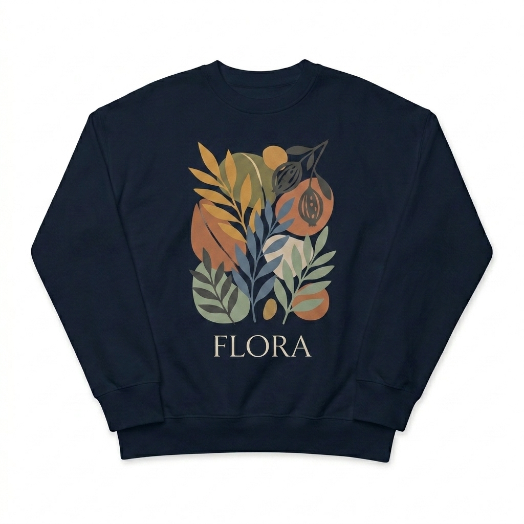 Custom Organic Oversized Crewneck Sweatshirt design direction 2: Abstract Botanical Graphic featuring the FLORA wordmark
