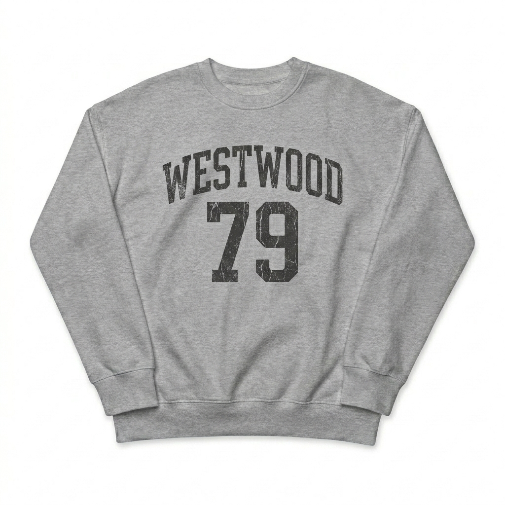 Custom Organic Oversized Crewneck Sweatshirt design direction 3: Vintage Collegiate Emblem featuring the WESTWOOD 79 wordmark