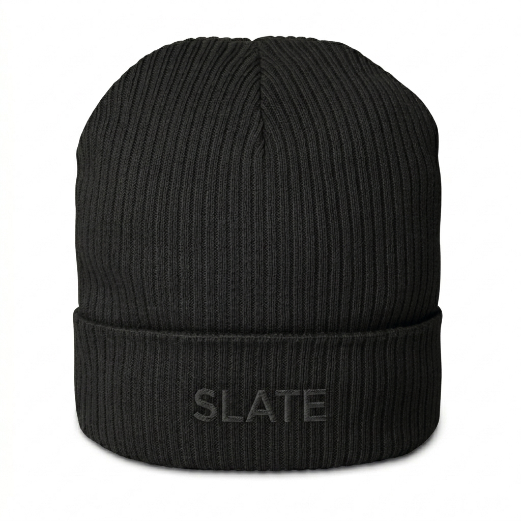 Custom Organic Ribbed Beanie design direction 1: Tonal Minimalist Wordmark featuring the SLATE wordmark