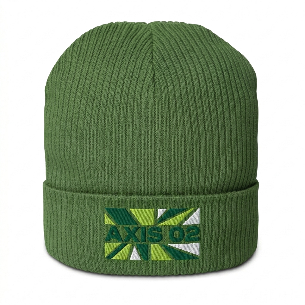 Custom Organic Ribbed Beanie design direction 2: Bold Geometric Graphic featuring the AXIS 02 wordmark