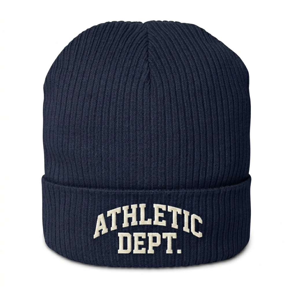 Custom Organic Ribbed Beanie design direction 3: Retro Collegiate Emblem featuring the ATHLETIC DEPT. wordmark