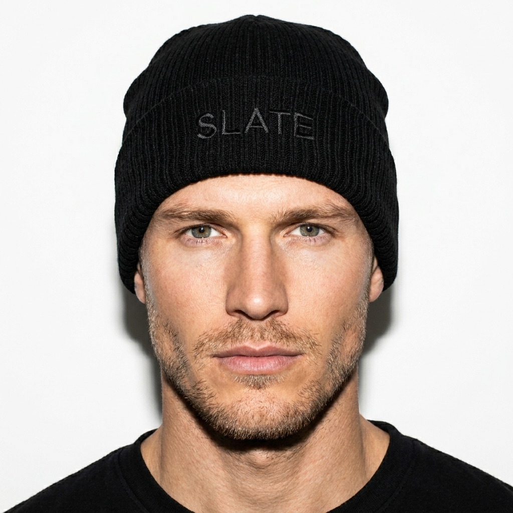 Organic Ribbed Beanie worn by a toned Scandinavian male fashion influencer, minimalist luxury styling, studio lookbook — custom organic ribbed beanie