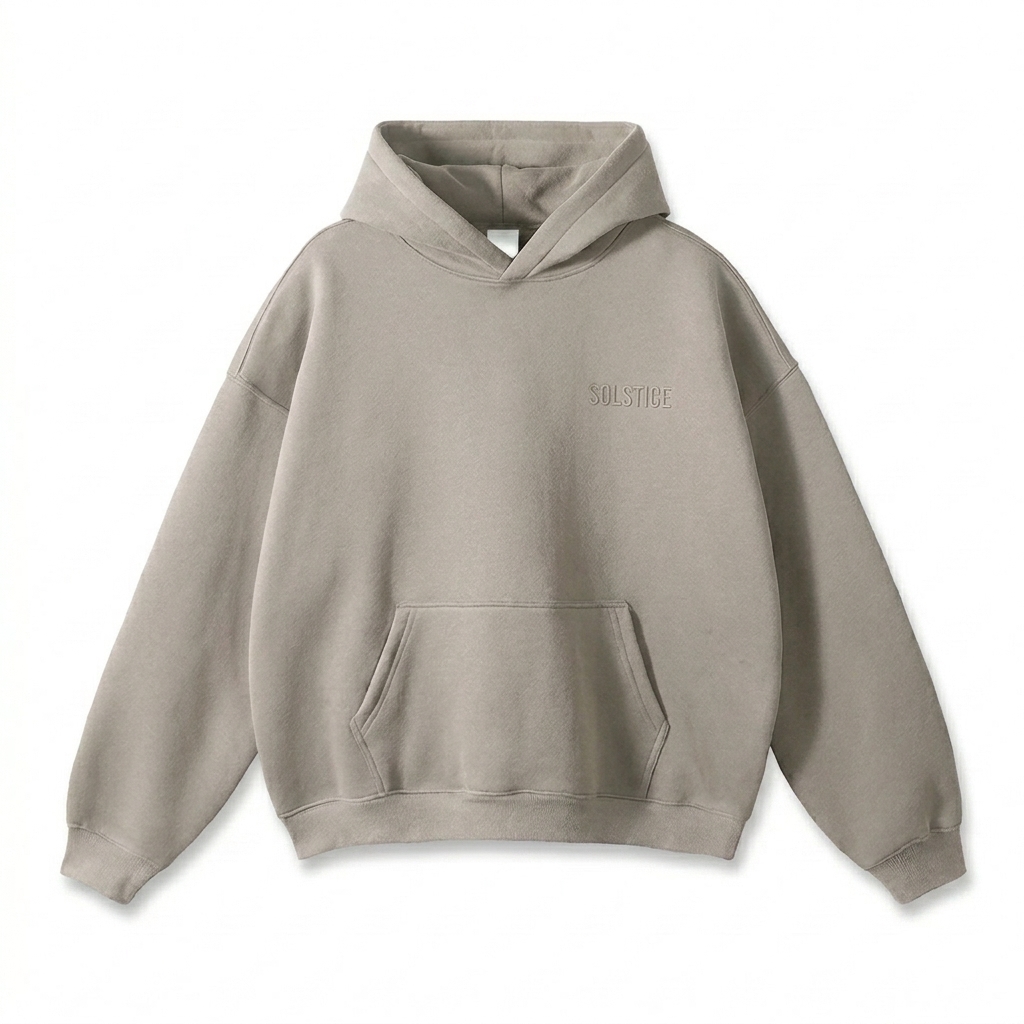 Custom Oversize Fleeced Hoodie design direction 1: Tonal Left Chest Wordmark featuring the SOLSTICE wordmark
