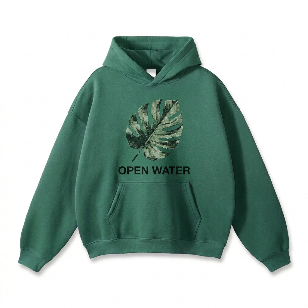 Custom Oversize Fleeced Hoodie design direction 2: Bold Abstract Graphic featuring the OPEN WATER wordmark