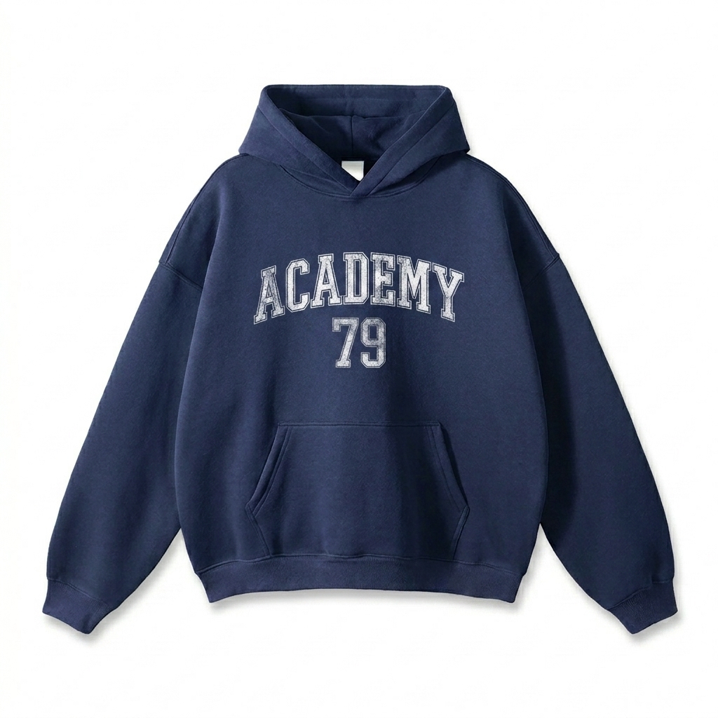 Custom Oversize Fleeced Hoodie design direction 3: Retro Collegiate Emblem featuring the ACADEMY 79 wordmark