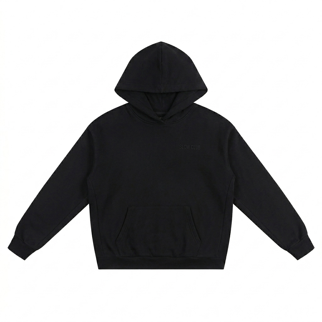 Custom Oversize Heavyweight Fleece Hoodie design direction 1: Tonal Minimalist Wordmark featuring the SLOW CLUB wordmark