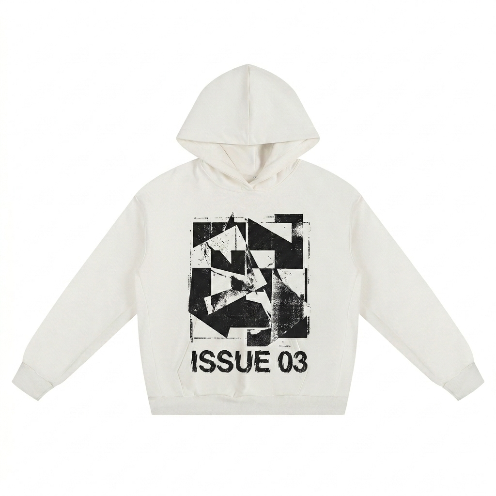 Custom Oversize Heavyweight Fleece Hoodie design direction 2: Abstract Graphic Statement featuring the ISSUE 03 wordmark