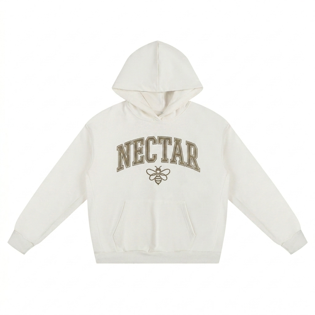 Custom Oversize Heavyweight Fleece Hoodie design direction 3: Retro Collegiate Emblem featuring the NECTAR wordmark