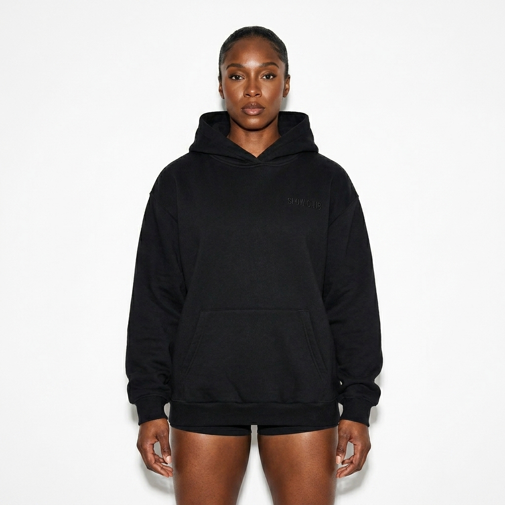 Oversize Heavyweight Fleece Hoodie worn by a athletic muscular African American female fashion influencer, workwear utility styling, studio lookbook — custom oversize heavyweight fleece hoodie