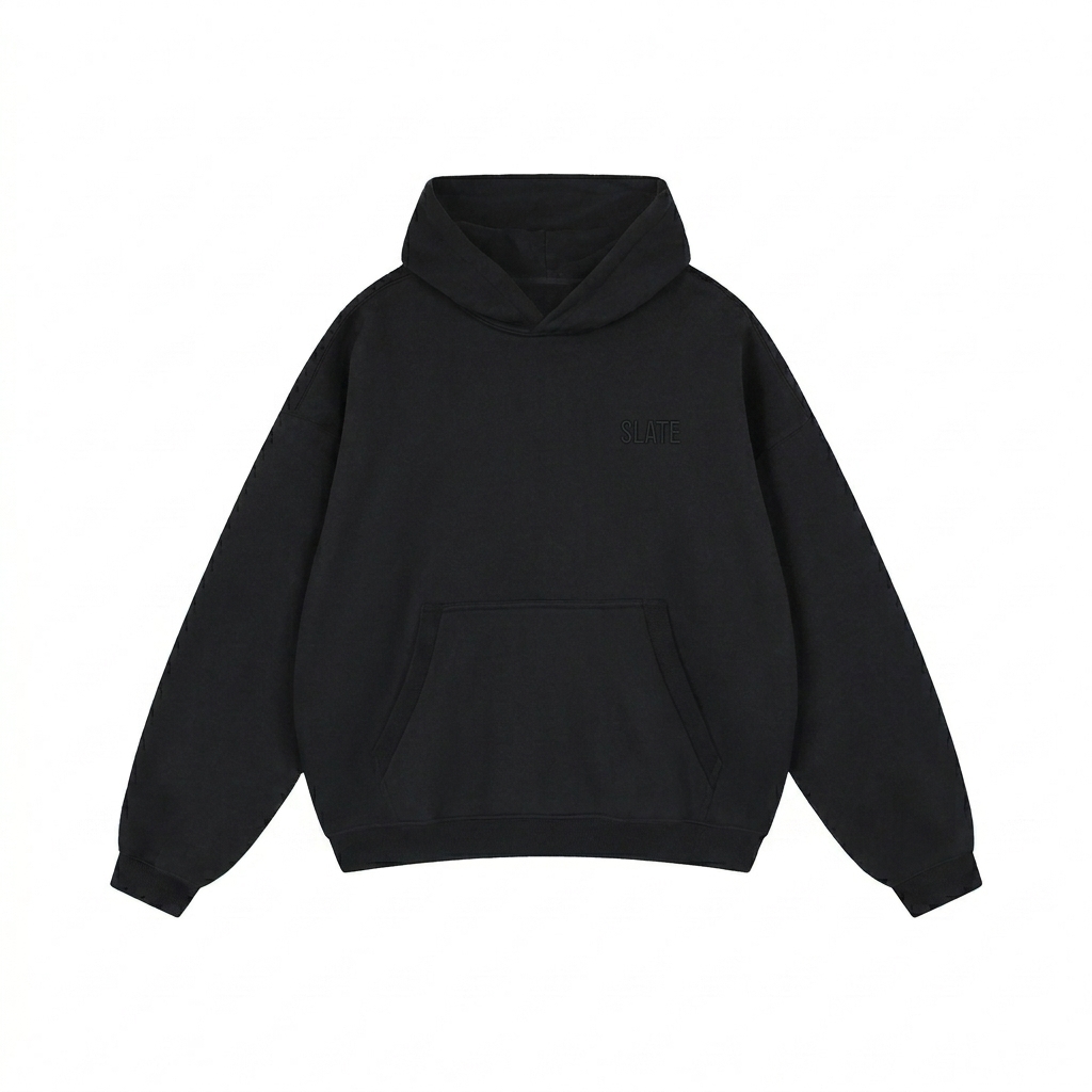 Custom Oversized Boxy Fleece Hoodie design direction 1: Tonal Left Chest Wordmark featuring the SLATE wordmark
