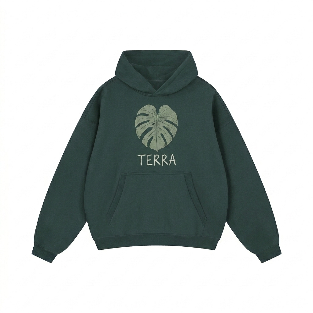 Custom Oversized Boxy Fleece Hoodie design direction 2: Botanical Chest Graphic featuring the TERRA wordmark